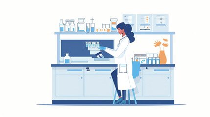 A medical worker in the lab is placing slides into a machine the instruments are on the table, sitting, chair, table, illustrations