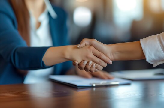 Two women shaking hands in a business setting. The woman on the left is wearing a blue suit and the woman on the right is wearing a white shirt,Sealing the Deal: Professional Partnership in Business