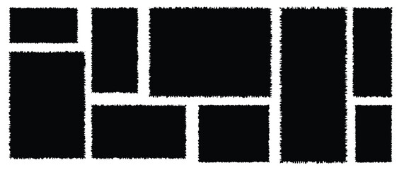Set of grunge jagged rectangle shape. Black torn paper sheet for sticker, collage, banner. Vector illustration isolated on white background. eps 10