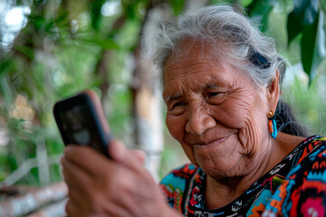 Elderly woman with obscured face is using a smartphone with a blurred background