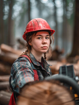 A young female lumberjack in protective gear stands confidently among logs