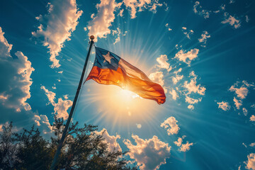 Texas flag waving proudly under a sunny sky with clouds