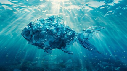Artistic depiction of a fish silhouette composed of plastic debris underwater, highlighting environmental issues