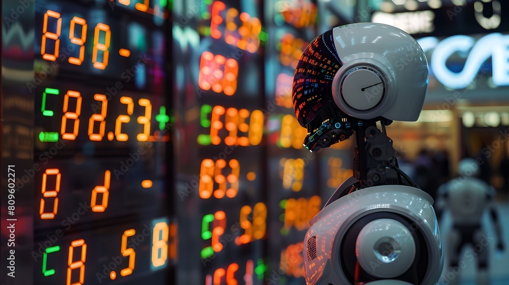 Poster futuristic ai robot analyzing stock market data. financial technology and automated trading. tech in