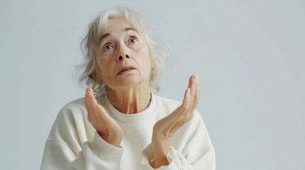 Senior woman wearing sweatshirt and giving confused expression