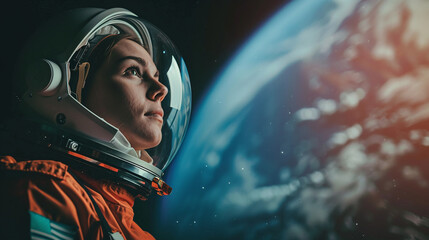 Female astronaut in a spacesuit in space against the backdrop of the planet Earth