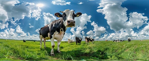 many spotted holstein cows in meadow near farm in the netherlands under blue sky. AI generated illustration