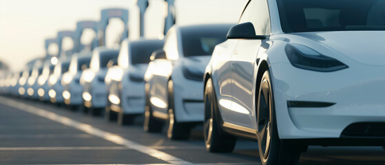 A row of white Electric Cars are parked on a road. The cars are all the same model and are parked in a line,Driving Towards the Future: A Lineup of White Electric Cars