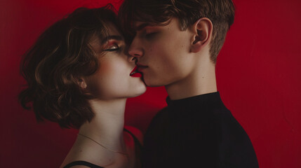 Attractive stylish fashionable young couple kissing on red background