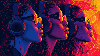 Abstract illustration of three women in profile, each wearing headphones and sunglasses