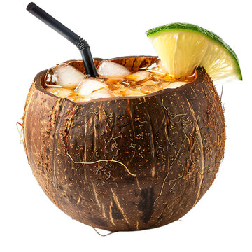 Extreme front view of Coco Loco rum cocktail in a coconut shell glass isolated on a white transparent background