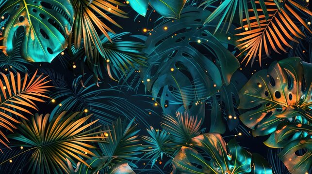 Vibrant Retrowave Background with Tropical Plants. Trendy Wallpaper with Natural Foliage.