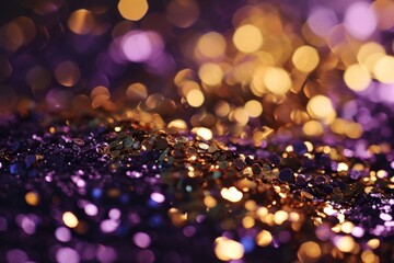 Gold and purple abstract glitter confetti bokeh background concept, AI generated