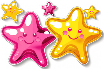 Cartoon pink and yellow stars with face on white background