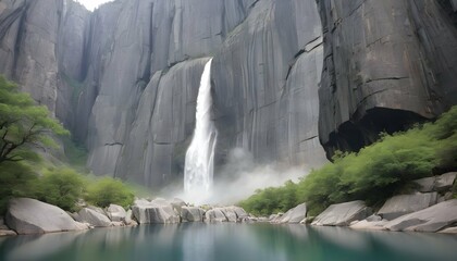 A serene waterfall framed by towering granite clif upscaled 3
