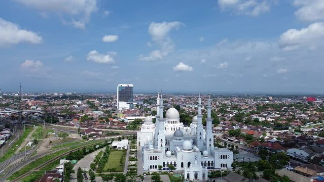 Aerial view of Masjid Raya Syeikh Zayed in Solo, Central Java, Indonesia. This mosque is a miniature mosque of Syeikh Zayed Grand Mosque in Abu Dhabi