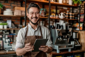 Fototapeta premium A man wearing an apron and glasses is smiling while holding a tablet. He is standing in a coffee shop with a variety of items on the shelves, including cups, a potted plant, and a vase