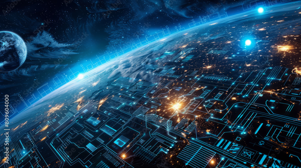 Poster futuristic earth with digital networks and outer space view