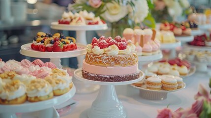 Assorted cakes displayed on a table