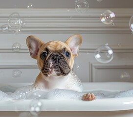 Small dog sitting in bubble-filled bathtub