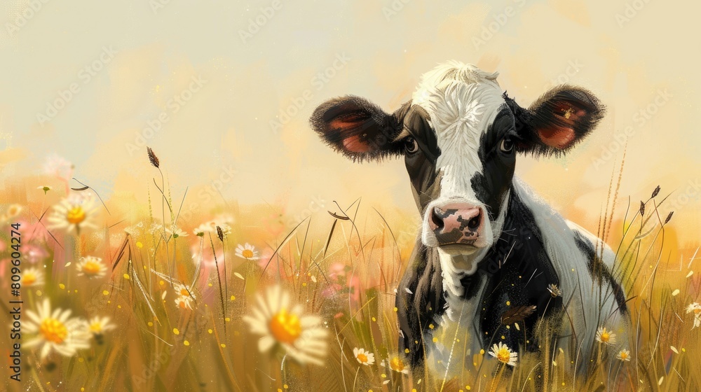 Poster cow grazing in daisies field