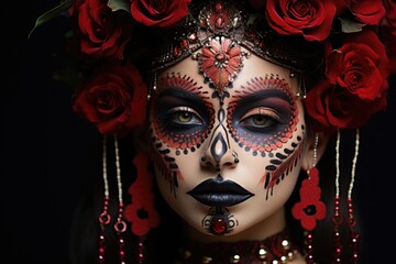 Woman with day of the dead makeup and floral headpiece