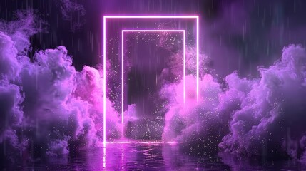 This is an abstract 3D modern background made up of a neon rectangle frame with smoke on water surface. Rectangular glowing border with magic light among soft clouds. Purple portal with bright