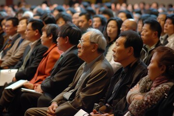 large asian audience at a meeting listens to a speaker