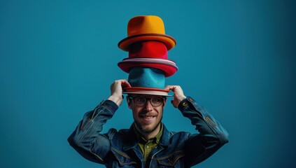 A customer attempts to balance a variety of hats on their head, each one representing a different role they play in their daily life, from parent to professional to party animal.