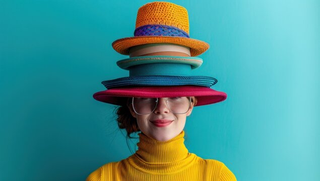 A customer attempts to balance a variety of hats on their head, each one representing a different role they play in their daily life, from parent to professional to party animal.