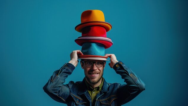 A customer attempts to balance a variety of hats on their head, each one representing a different role they play in their daily life, from parent to professional to party animal.