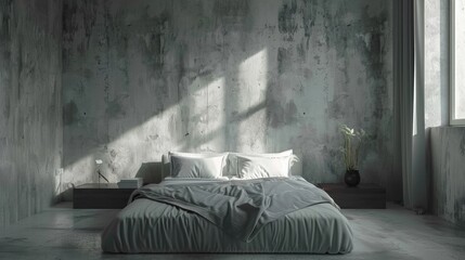 Luxury bedroom with soft and comfy neat bed with natural lighting, expensive and luxury art and cement paint work.