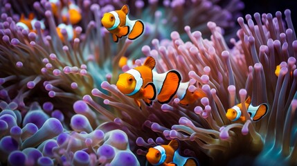 Clownfish Swimming Amongst Vibrant Sea Anemones in Marine Habitat. Generative AI