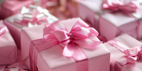 A collection of beautifully wrapped pink gifts with shiny satin ribbons and bows, perfect for holidays and celebrations