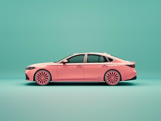 Side view of a modern car in a pastel pink color against a seamless teal backdrop, suggesting minimalist style and design.