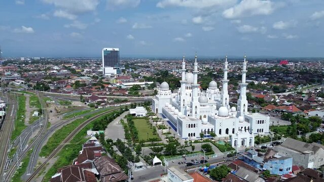 Aerial view of Masjid Raya Syeikh Zayed in Solo, Central Java, Indonesia. This mosque is a miniature mosque of Syeikh Zayed Grand Mosque in Abu Dhabi