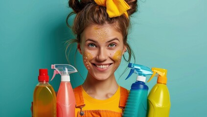 A customer strikes a dramatic pose with a household cleaning product, pretending it's a powerful weapon in their battle against dirt and grime, all with a wink and a smile.