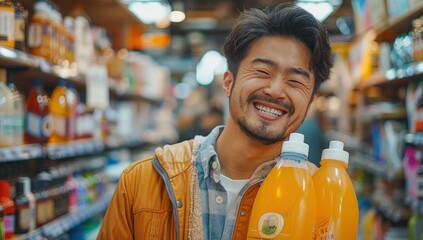A customer strikes a dramatic pose with a household cleaning product, pretending it's a powerful weapon in their battle against dirt and grime, all with a wink and a smile.