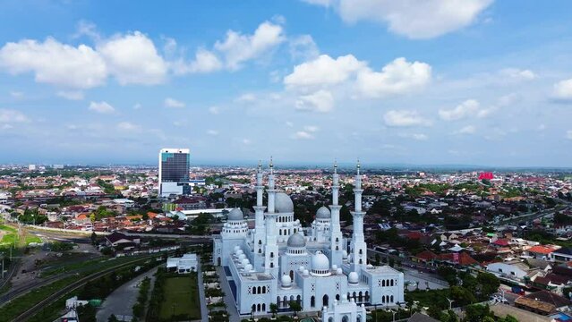 Aerial view of Masjid Raya Syeikh Zayed in Solo, Central Java, Indonesia. This mosque is a miniature mosque of Syeikh Zayed Grand Mosque in Abu Dhabi