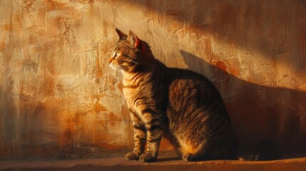 Tabby cat captured in a striking pose against a wall in the warm glow of the setting sun