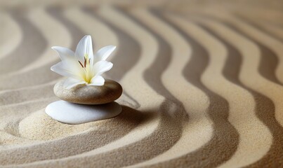 Spa salon zen garden with sand stones and tender white flower