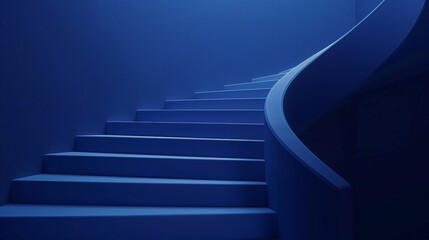 Abstract blue background with curved stairs and a podium for product presentation in a closeup. Minimalistic wallpaper in the style of 3d rendering.
