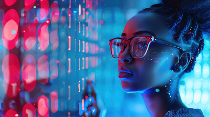 Young black female IT specialist looking at digital board with binary program code. Data analysis, matrix numbers and artificial intelligence technology