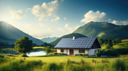 Obraz premium A picturesque eco-friendly home with solar panels, nestled in a lush mountain valley beside a tranquil lake, promoting sustainable living. 