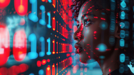 Young black female IT specialist looking at digital board with binary program code. Data analysis, matrix numbers and artificial intelligence technology