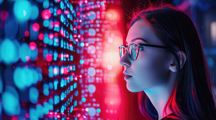 Young Caucasian female IT specialist looking at a digital board with binary program code. Data analysis, matrix numbers and artificial intelligence technology