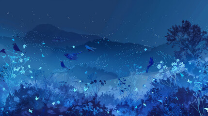 Enchanted night landscape with wildlife and starry sky