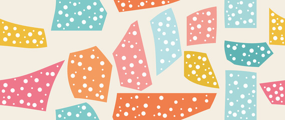 Flat illustration. Trendy abstract seamless pattern of various colored shapes with white polka dots on a beige background. Perfect for screensaver, poster, card, invitation or home decor..