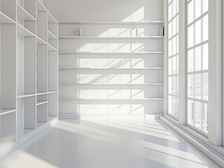 Bright, spacious room featuring large windows, sunlight casting shadows, and empty white shelves.