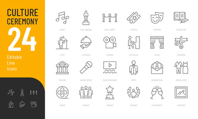 Culture Ceremony Editable Icons set. Vector illustration in modern thin line style of events related icons: art categories, nomination, red carpet, awards, and more. 